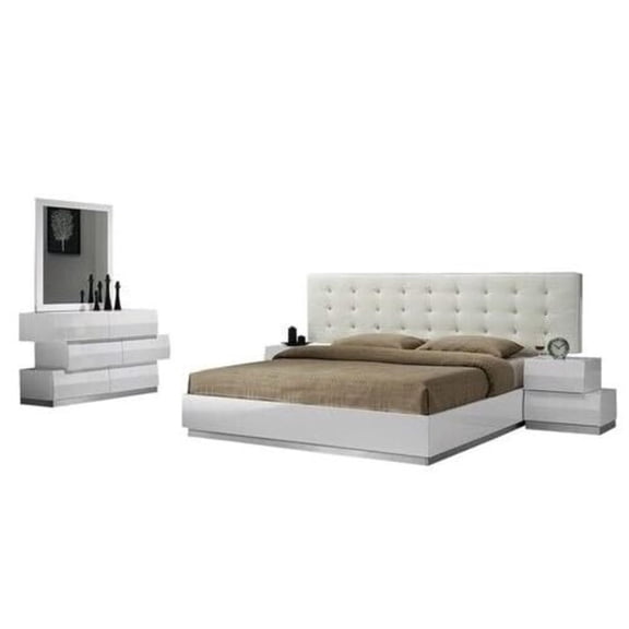 HomeStock Lakefront Luxury Furniture 5-Piece Bedroom Set - Sleek White Bedroom Set with Tufted Crystals, High Gloss Finish, and Modern Design, Includes Bed, Nightstands, Dresser, and Mirror
