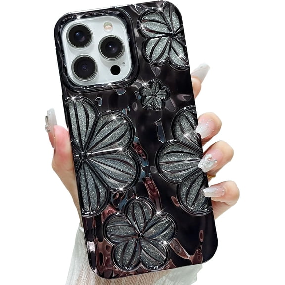 for iPhone 15 Pro Case, Bling Luxury Plating 3D Flowers Phone case Cover with Soft TPU Shockproof Anti-Scratch Protective Case iPhone 15 Pro Phone Case for Women 6.1 Inch -Black