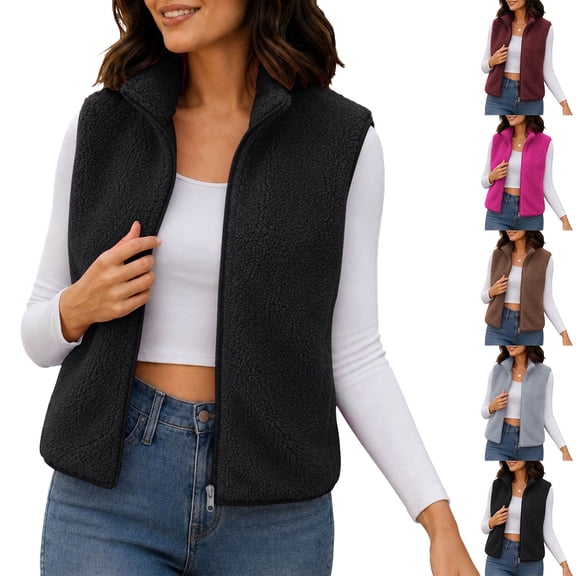 Smsaxvxz Women's Fleece Vest with Zip Pockets Lightweight Solid Sleeveless Warm Tops for Work Travel Outdoor Black L