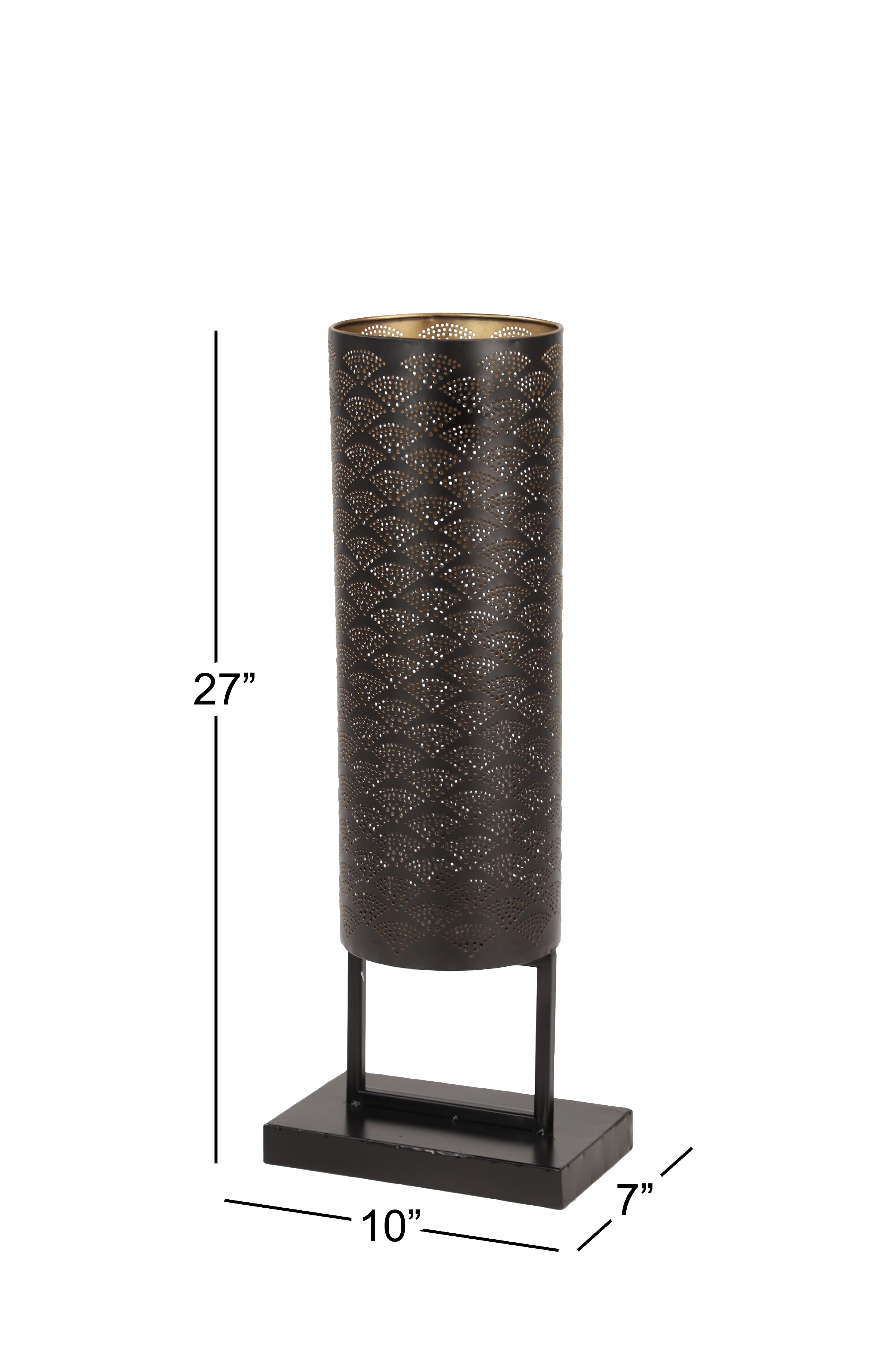 DecMode Modern Style Large Black Cylinder Metal Lantern with Pierced Metal Boho Pattern on Metal Base, 10” x 27”