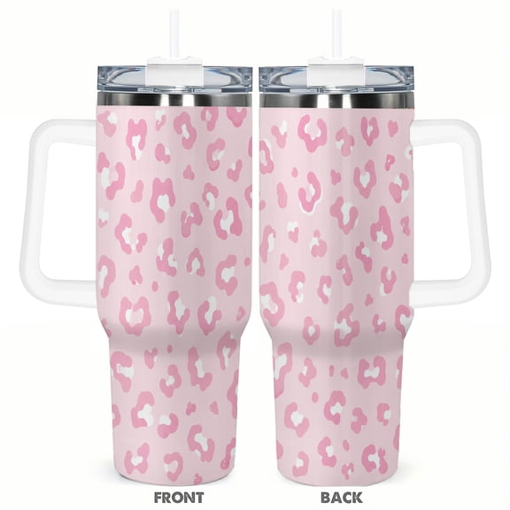 Pink Leopard Print 40oz Car Tumbler Insulated Travel Cup with Handle and Straw Stainless Steel Vacuum Coffee Cup Gift for Her