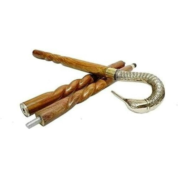 NAUTICALMARTUS Antique Brass Swan Head Solid Handle Vintage Stylish Spiral Wooden Cane Walking Stick Imperial Gift