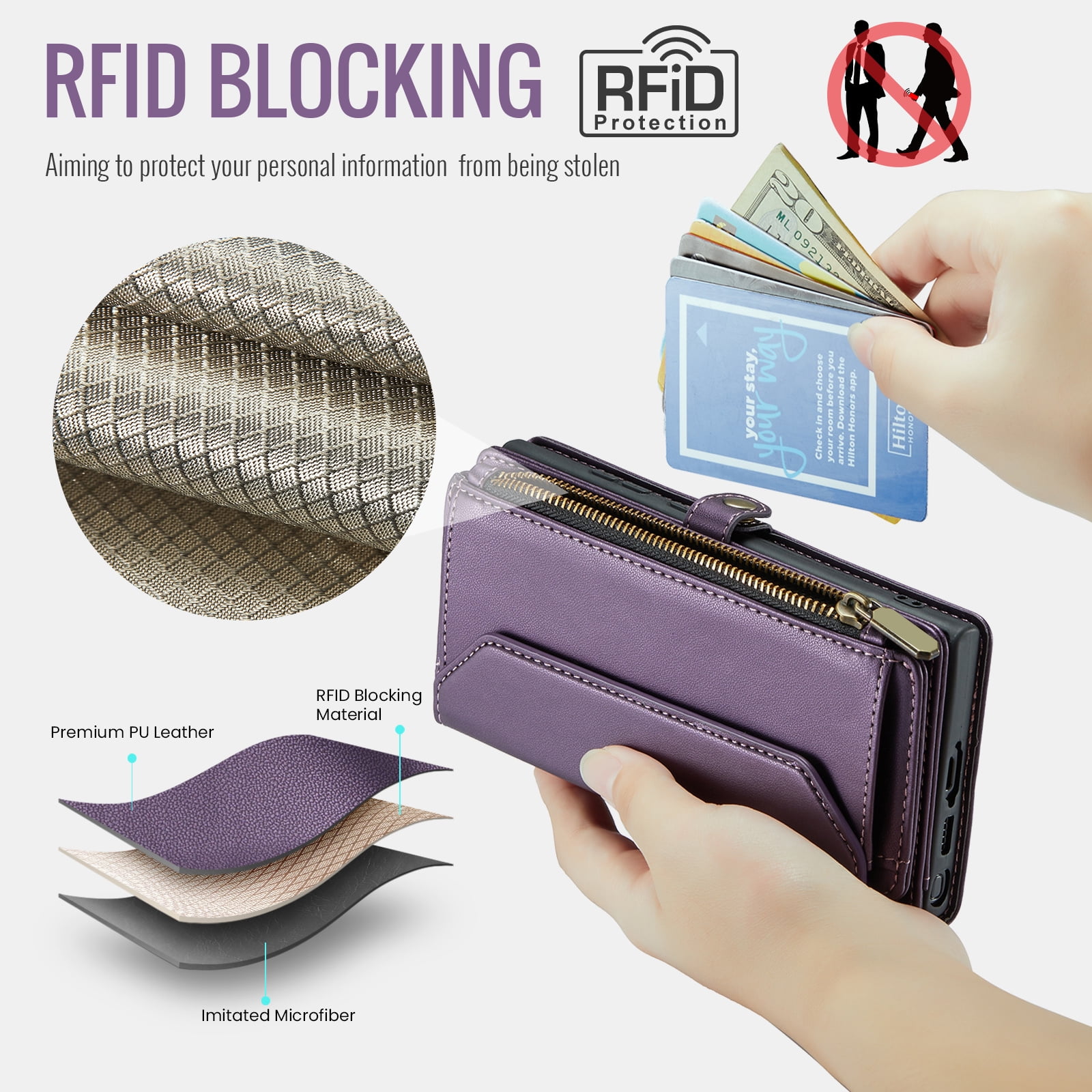 Compatible with Samsung Galaxy S23 Ultra 5G Zipper Wallet Phone Case Tempered Glass Screen Protector Crossbody Lanyard Strap Flip Card Holder Slot Cell Cover for S23Ultra 23S S 23 6.8 Women Purple
