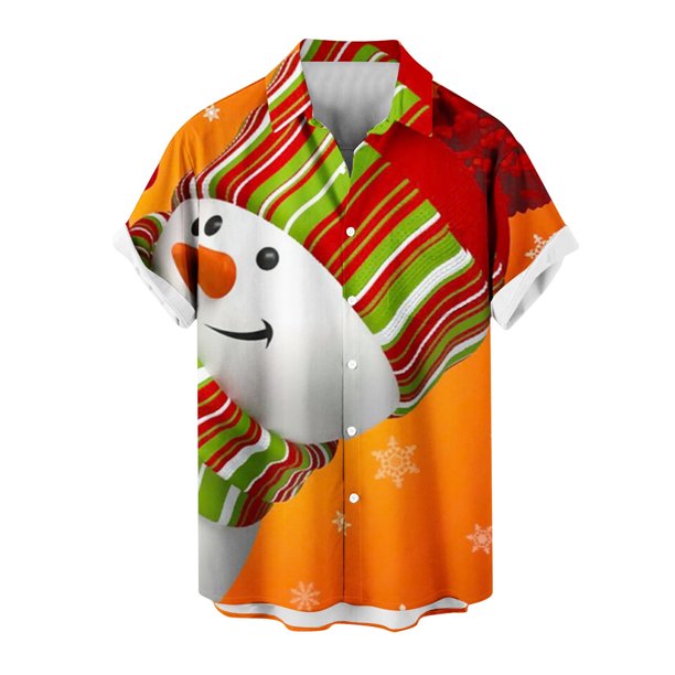 Mens Manga Corta Botón Abajo Camisas, Cuello de Vuelta Navidad Impresa Blusa, Top de Moda Casual