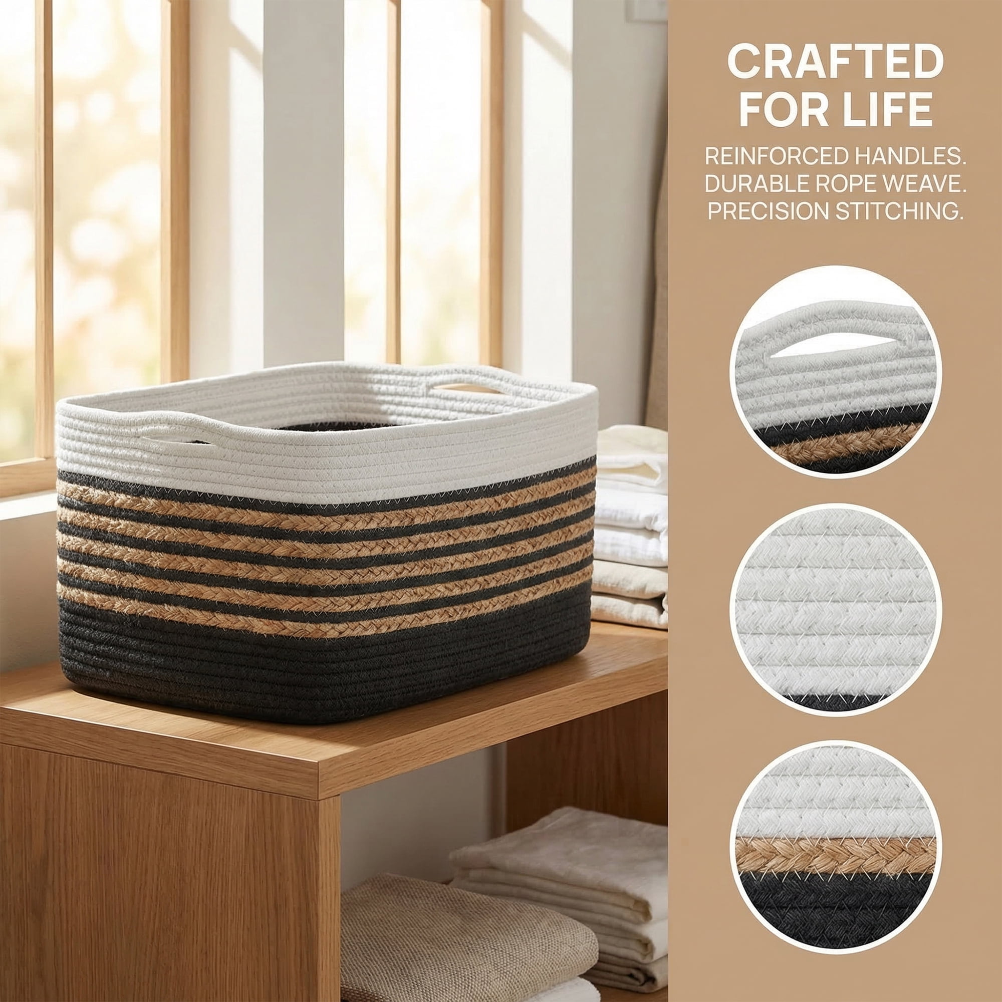 Unique Bargains Woven Storage Basket Storage Bin Black White 18.9*11*9.1in