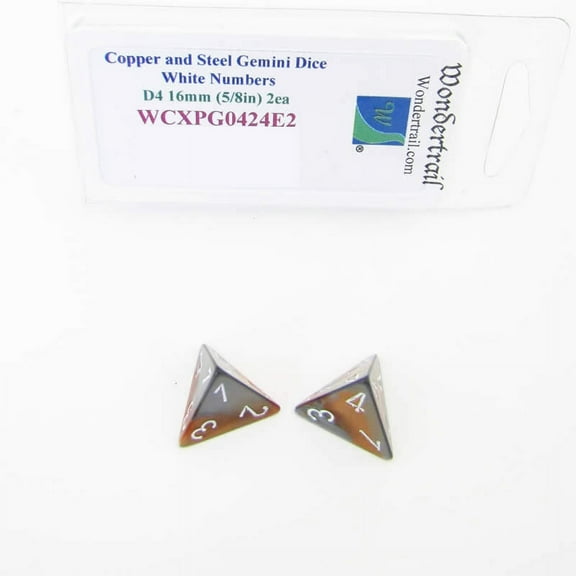 Copper and Steel Gemini Dice with White Numbers D4 Aprox 16mm (5/8in) Pack of 2 Wondertrail