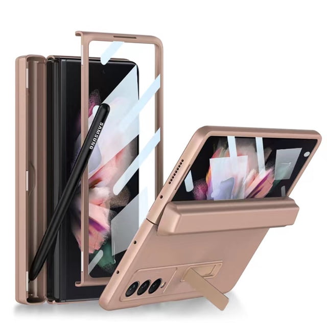 Case for Samsung Z Fold 3 5G with S Pen Slot for Galaxy Z Fold 3 Case with Stand Shockproof Leather Case with Magnetic Hinges Protection with Integrated Screen Protector - Gold