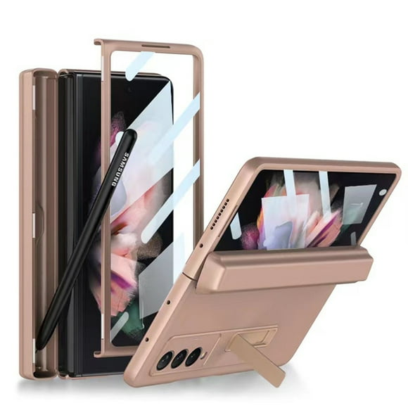 Case for Samsung Z Fold 3 5G with S Pen Slot for Galaxy Z Fold 3 Case with Stand Shockproof Leather Case with Magnetic Hinges Protection with Integrated Screen Protector - Gold