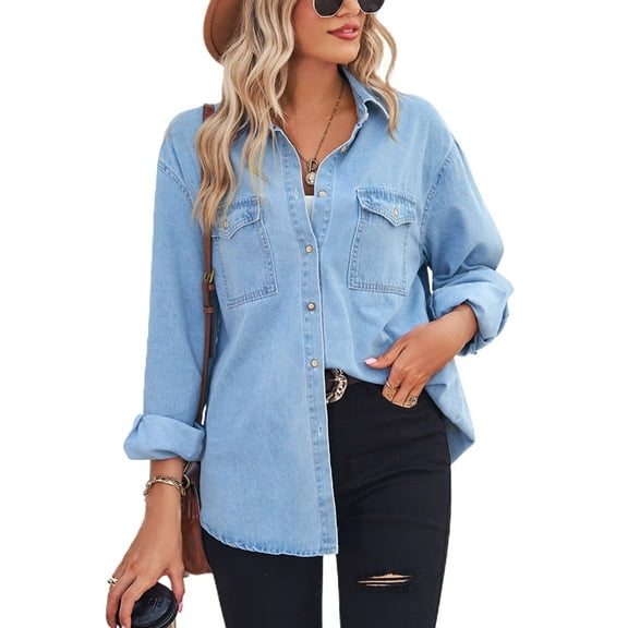 Defitshape Women's Long Sleeve Denim Button Down Shirt Top Soft Shirt Western Button Up Casual Split Spring Outerwear Light Blue Medium