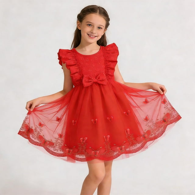 hengsof Robes pour Filles Robes Sans Manches à Volants Robes à Nœud Sucré Robes Imprimées à la Mode Robes en Tulle Style Princesse Mignon