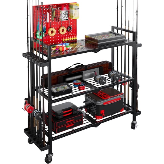 Fishing Rod Holders for Garage, Fishing Rod Stand with Wheels and Pegboard, 3-Tier Pole Storage Rack with Rod Slots, for Tackle, Backpacks, and Gear