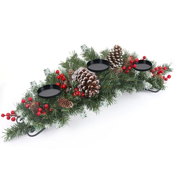 30" Christmas Table Centerpiece with 3 Candle Holders, Artificial Tabletop Xmas Decorations - Red Berries, Pine Cones and Steel Base Included, Christmas Centerpiece for Fireplace