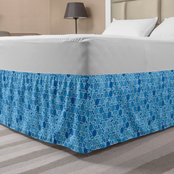 Orient Bed Skirt, Symmetric Motif Oriental Pattern in Blue Color Palette, Elastic Bedskirt Dust Ruffle Wrap Around for Bedding Decor, 4 Sizes, Deep Sky Blue Sea Blue, by Ambesonne