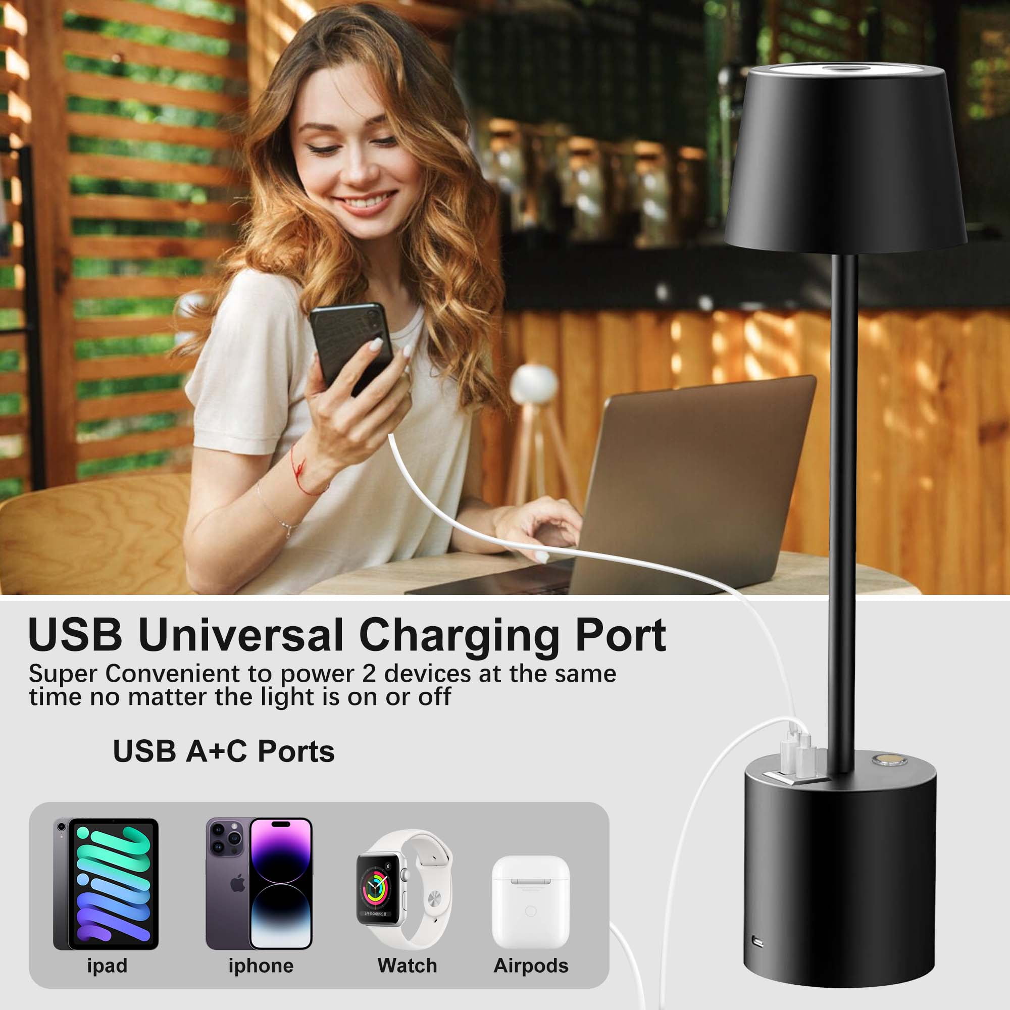 Cordless LED Table Lamp Set of 2, Portable Rechargeable Desk Lamp, Battery Operated Light with USB C+A Ports, 3 Color Dimmable Touch Lamps for Bedroom Living Room Restaurant Patio
