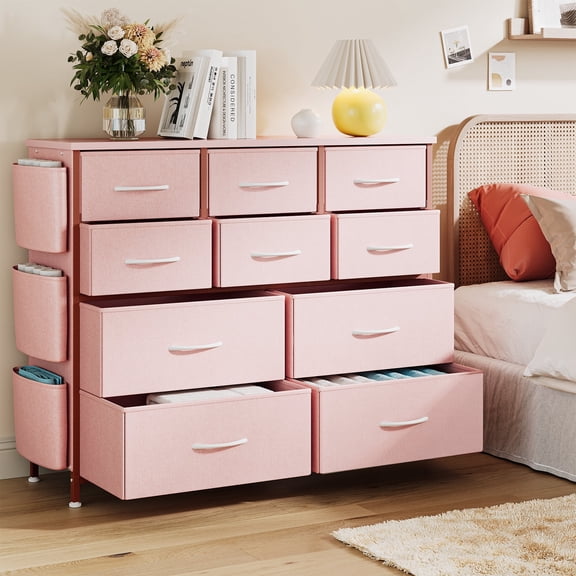 10 -Drawer Fabric Dresser, Dressers & Chest of Drawers with Side Pockets, Storage Organizer Cabinet for Living Room, Bedroom, Office, Pink