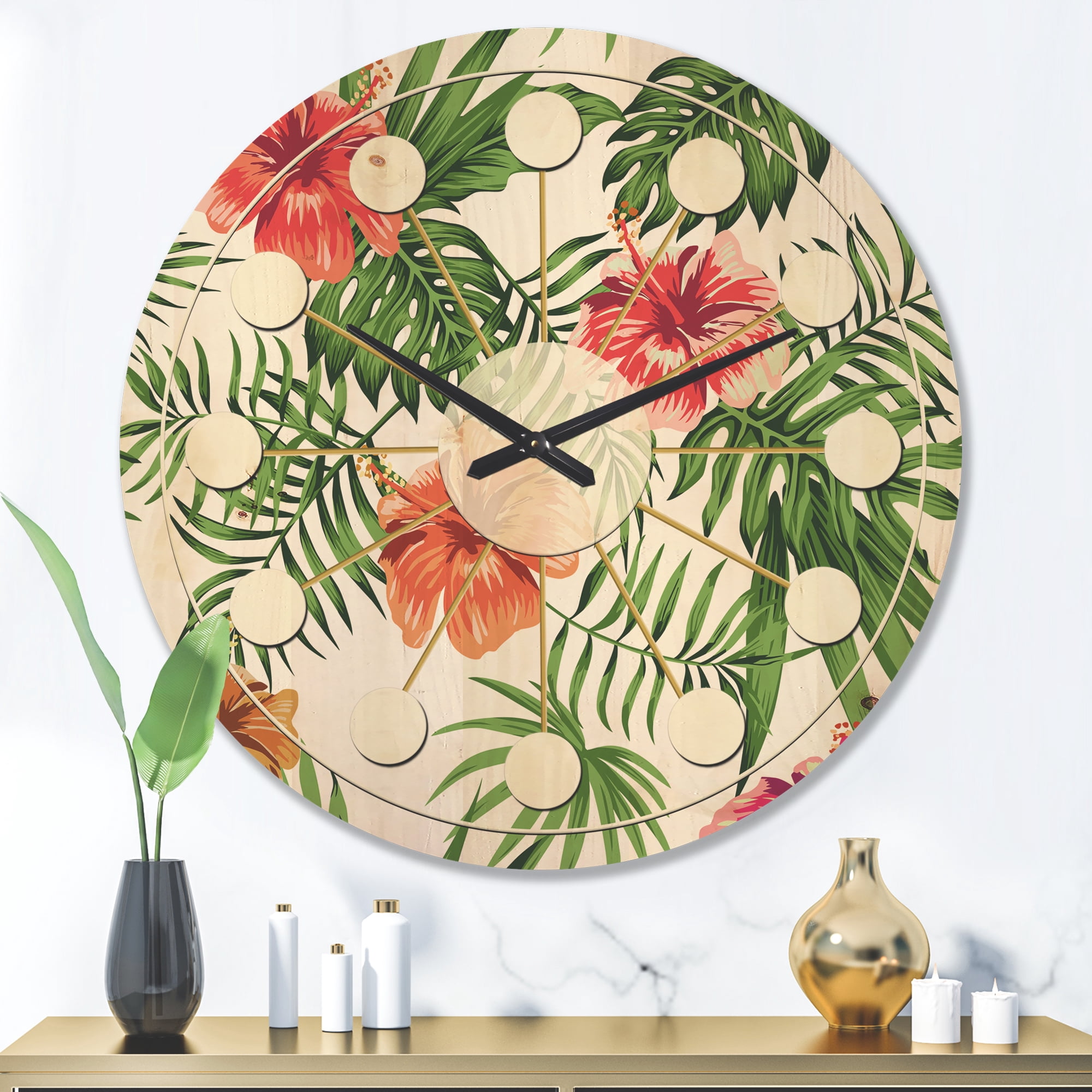 Designart 'Flowers and Tropical Botanicals II' Mid-Century Modern Wood Wall Clock