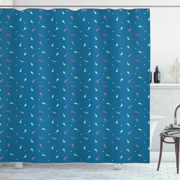 Floral Shower Curtain, Colorful Little Bluebell Blossoms on Blue Toned Background with Dots Feminine Design, Fabric Bathroom Set with Hooks, 69W X 84L Inches Extra Long, Multicolor, by Ambesonne