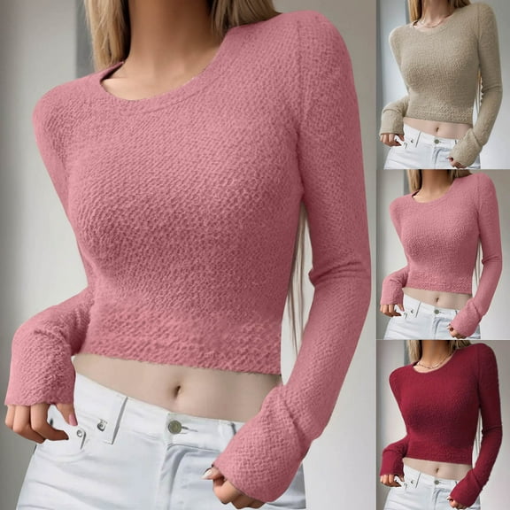 ATOYSOY Women's Slim Cropped Tops Fashion Outwear Casual Fuzzy Shirts Long Sleeve Tees Fall Winter Solid Color Pullover Crew Neck Sweatshirts Yellow L