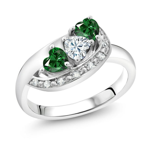Gem Stone King 925 Sterling Silver White Moissanite and Green Nano Emerald and White Created Sapphire Engagement Ring for Women (1.09 Cttw, Gemstone , Heart Shape 4MM, Size 5)