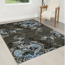 Blue/Grey/Silver/Black/Abstract Area Rug Modern Contemporary Floral and Swirlls Design Pattern