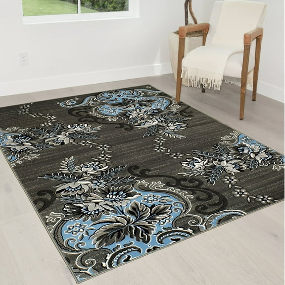 Blue/Grey/Silver/Black/Abstract Area Rug Modern Contemporary Floral and Swirlls Design Pattern