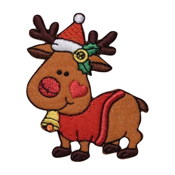 Christmas Reindeer Embroidered Iron On Patch, Santa Hat Deer Applique, 2.38 inch x 1.88 inch