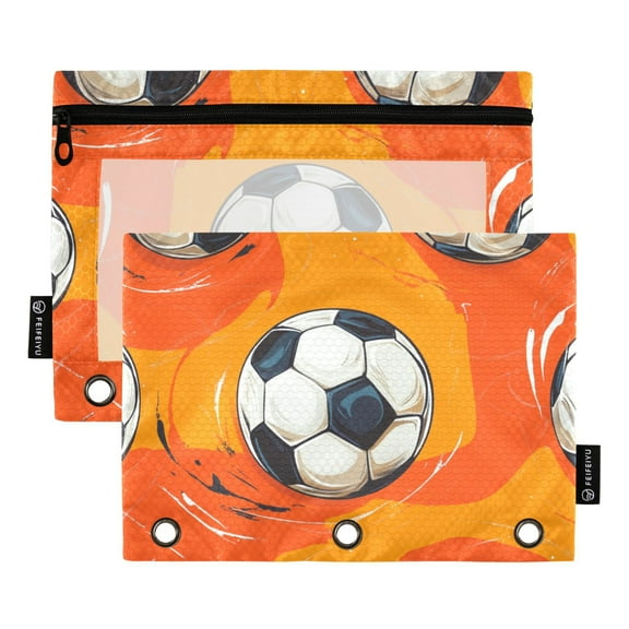 Pencil Pouch for 3 Ring Binder, Binder Pencil Case with Smooth Zipper, Clear Window Pencil Case for Binder, Big Capacity 3 Ring Binder Pencil Bag with 3 Reinforced Grommets. Football on Orange