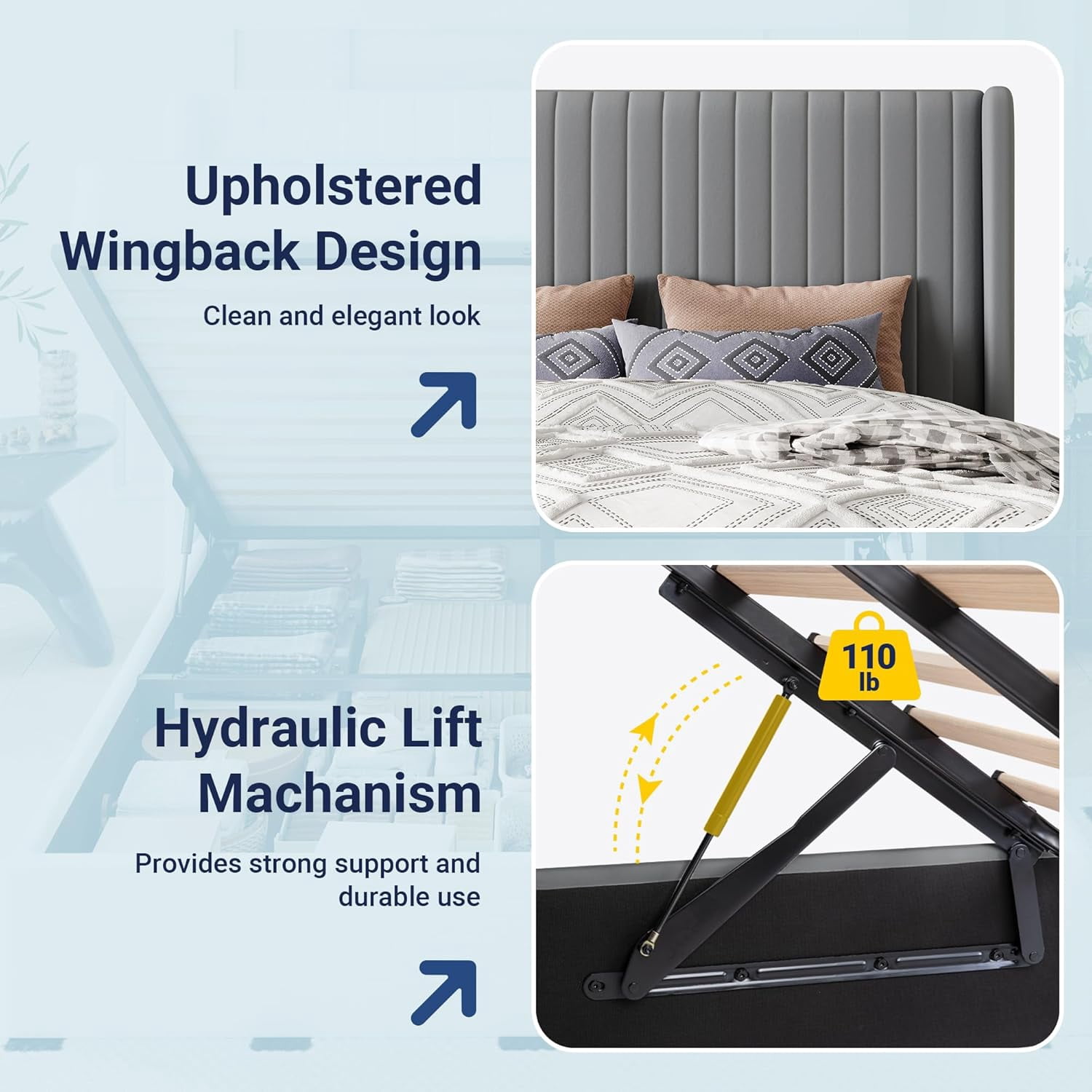 Allewie Full Size Lift Up Storage Bed Frame, Hydraulic Support System, Upholstered Platform Bed Frame, Vertical Channel Tufted Headboard with Wingback, Grey