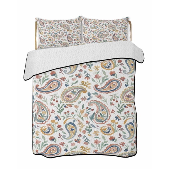 Quilt King Size Bedding Set, Paisley Flower Reversible Summer Quilt 3 Pieces, Spring Watercolor Country Floral Leaf Plant Lightweight Bedspreads Coverlets with 2 Pillow Shams for All Seasons