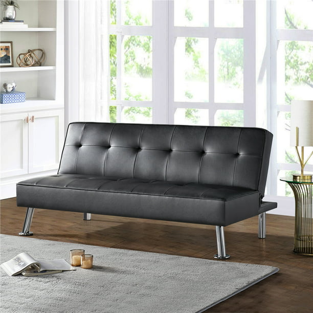 Easyfashion Convertible Black Faux Leather Futon Sofa Bed Black Walmart Com Walmart Com