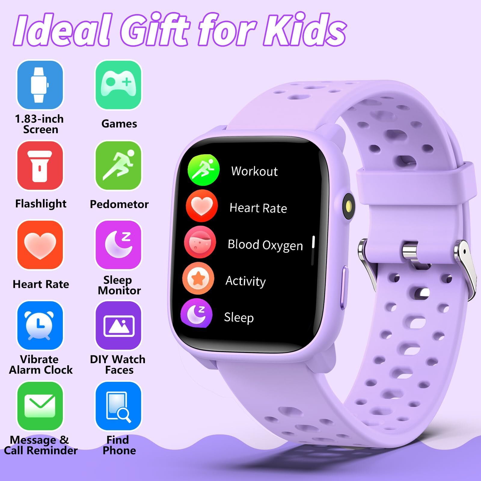 Kids Smart Watch 1.85" Upgrade - Fitness Tracker with Heart Rate Sleep Monitor Pedometer, 100+ Sports Modes, 12 Puzzle Games, Activity Tracker for Boys Girls Teens Aged 6-15 Outdoor Fun (Purple)
