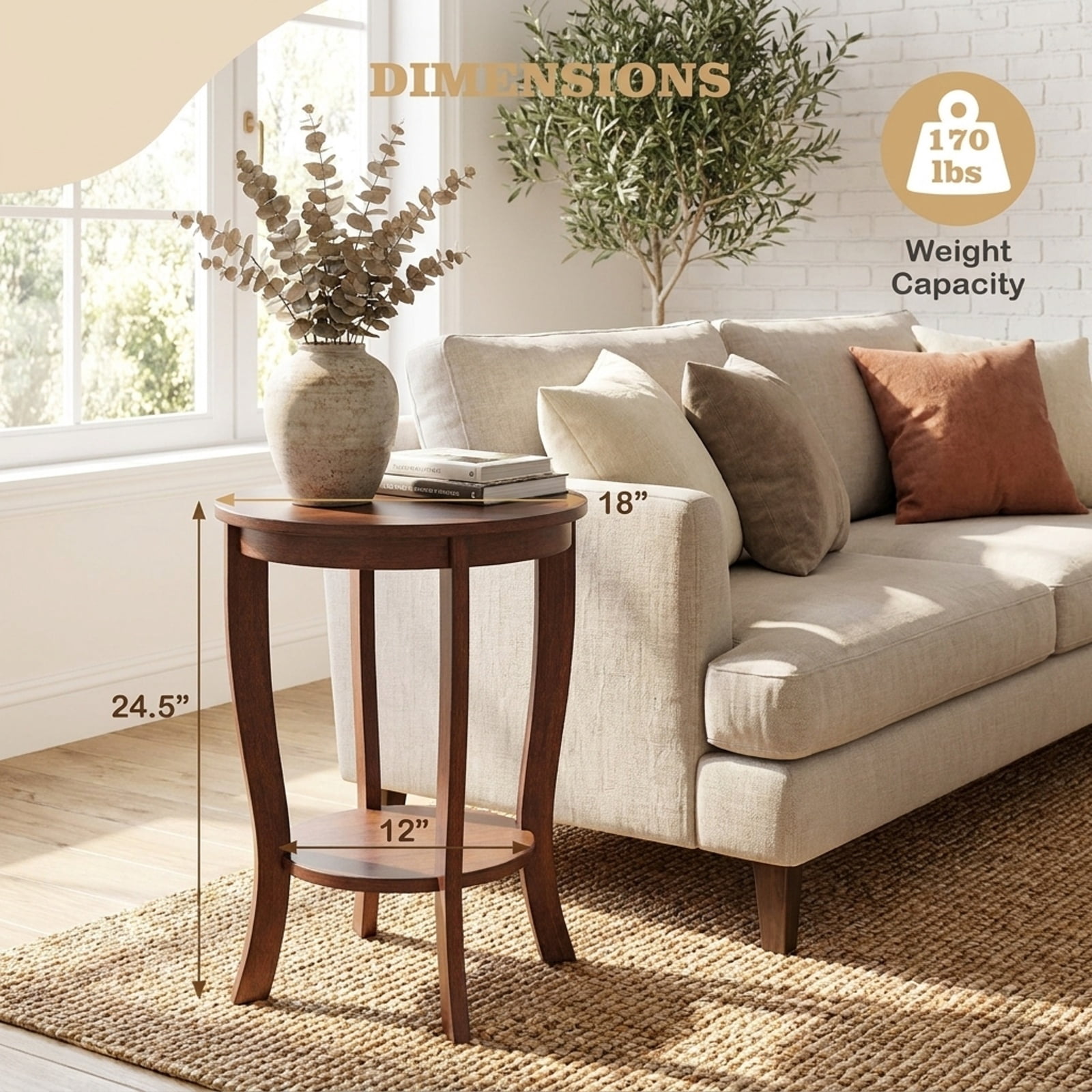 Furnibear 2 Tier Round End Table with Solid Rubber Wood Legs and Lower Storage Shelf for Living Room Bedroom and Small Spaces, Brown