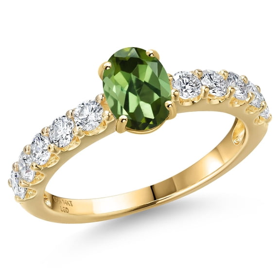 Gem Stone King 14K Yellow Gold Green Tourmaline and Lab Grown Diamond Engagement Ring for Women | 1.35 Cttw | Oval 7X5MM | Gemstone October Birthstone | Size 7