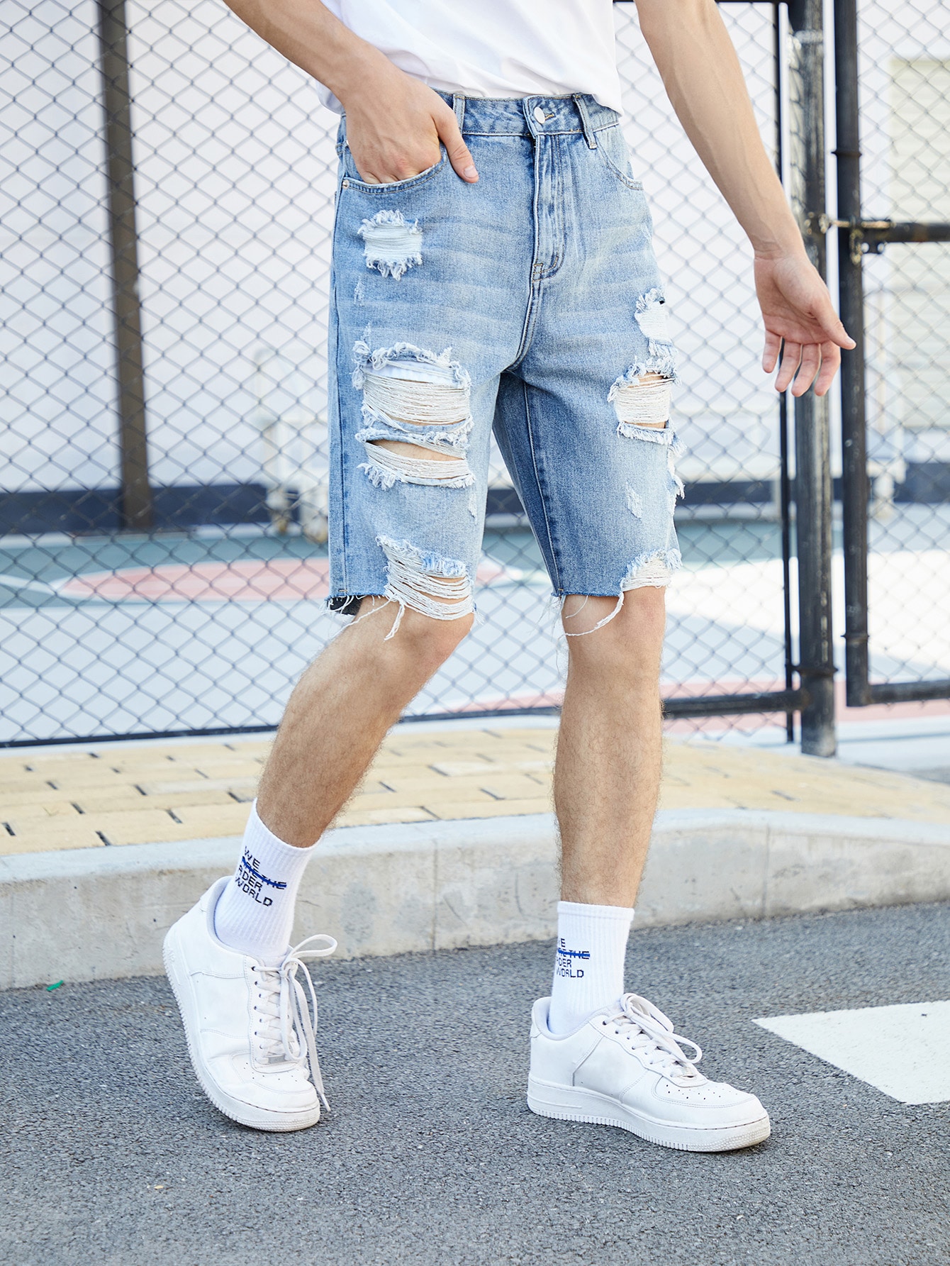 mens raw hem denim shorts