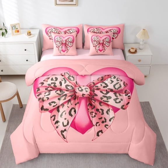 Castle Fairy Pink Bowknot 7-Piece Twin Bedding Sets,Leopard Print Bedding Comforter Set,Love Heart Breathable Sheet Sets,Breathable Romantic Home Decor