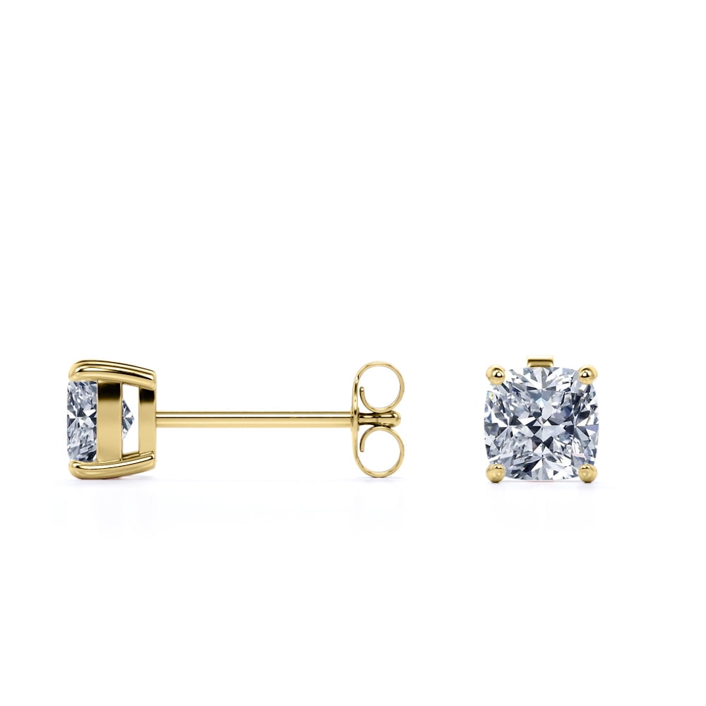JeenMata 4 Prong - 3 Carat Cushion Cut Moissanite - Solitaire Stud Earrings - 18K Yellow Gold Plating Over Silver