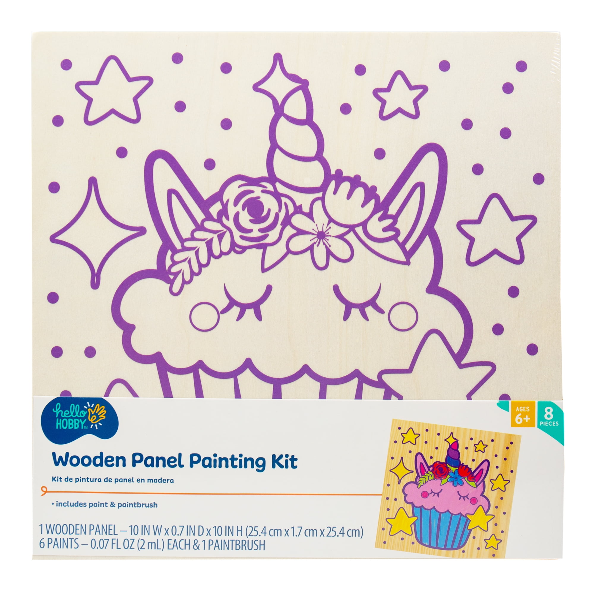 (3 pack) Hello Hobby Wood Art Board Painting Kit, Purple Unicorn Cupcake Design, 6 Acrylic Paints, Boys and Girls, Child, Ages 5+