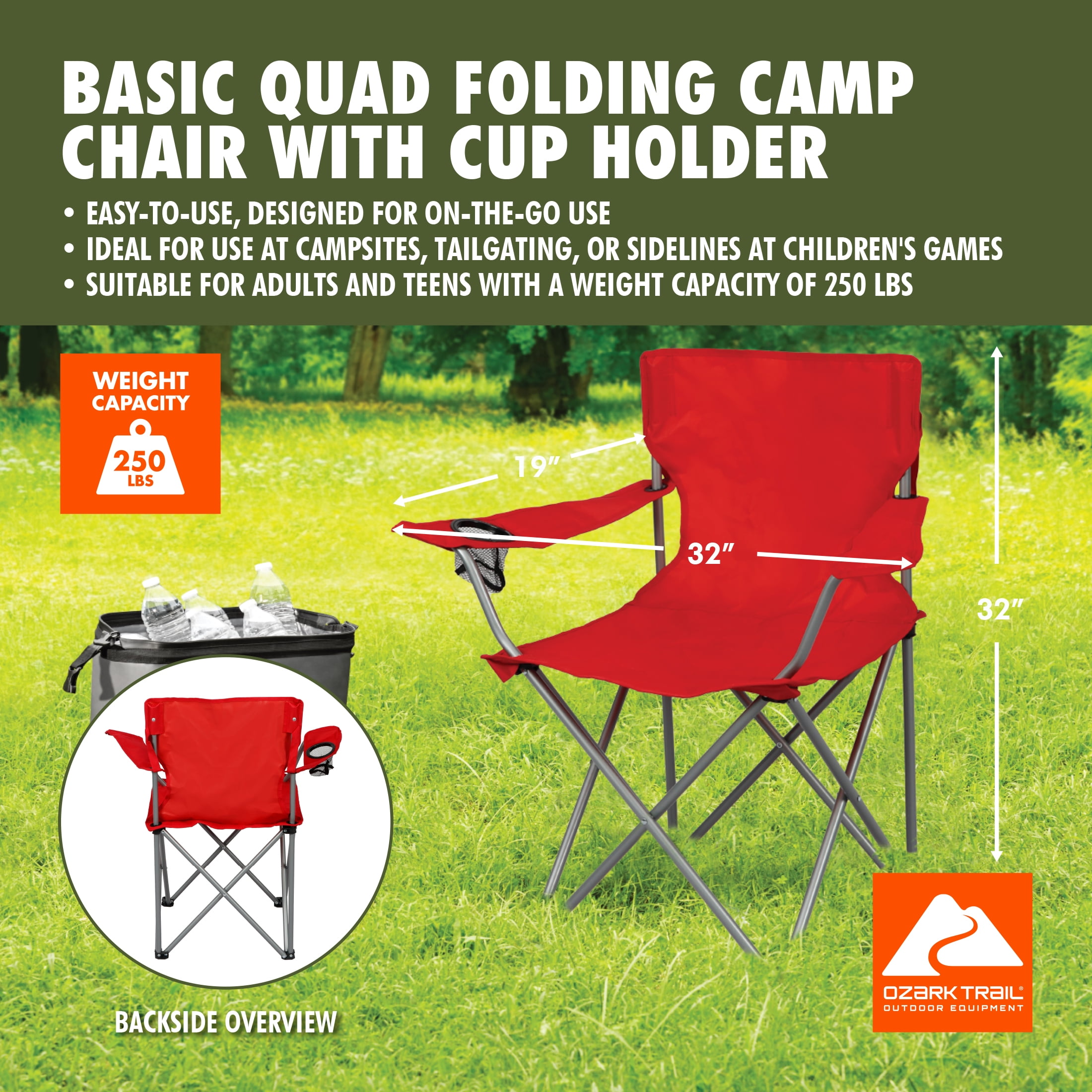 Ozark Trail Quad Folding Camp Chair with Cup Holder, Bright Red