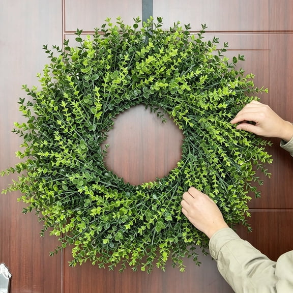 iFCOW 28In Large Boxwoods Wreaths, Artificial Green Leaves Greenery Wreath for Front Door Spring Summer Outside All Season Year Round Wall Window Rustic Farmhouse Home Decorations