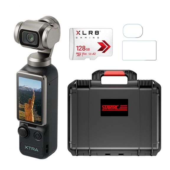 Xtra Edge Muse Gimbal Action Camera Bundle with 128GB MicroSD Card, Hard Carry Case and Screen Protector Film (2-Pack) - 4 Items