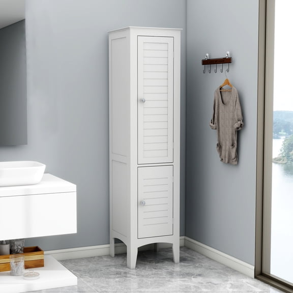 Tall Narrow Tower Cabinet, 5 Tier Storage Shelves, Modern White Finish