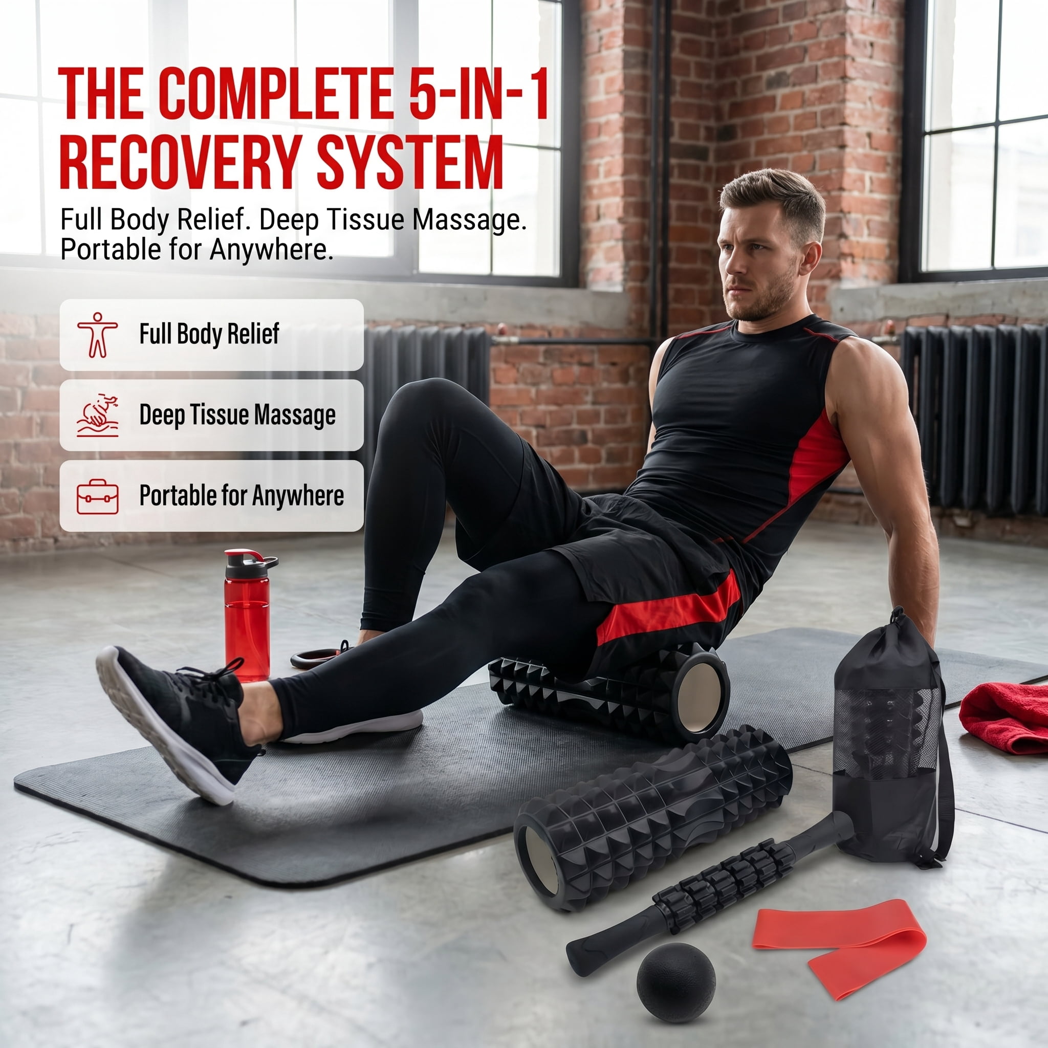 DEKEones 5 in 1 Foam Roller Set, Deep Tissue Muscle Massage Roller Kit with Massage Stick, Massage Ball, Resistance Band & Carry Bag for Sore Muscle Relief, Myofascial Release, Trigger Point Therapy