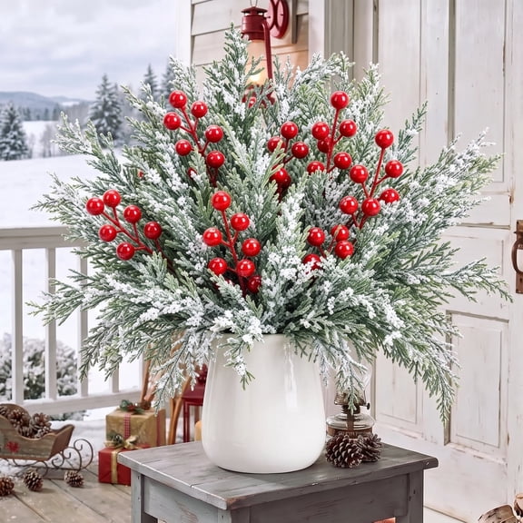 Leyaron Artificial Christmas Snow Pine Branches with Red Berry Stems, 60 Pcs Christmas Picks Faux Greenery Norfolk Pine Stems for Vase Indoor Outdoor Xmas Home Table Decor