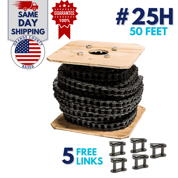 Jeremywell 25H Heavy Duty Roller Chain 50 Feet with 5 Connecting Links for Go Karts, Mini Bikes, Scooters, ATV, MTV, Dirt Bike and Other Industrial Machinery