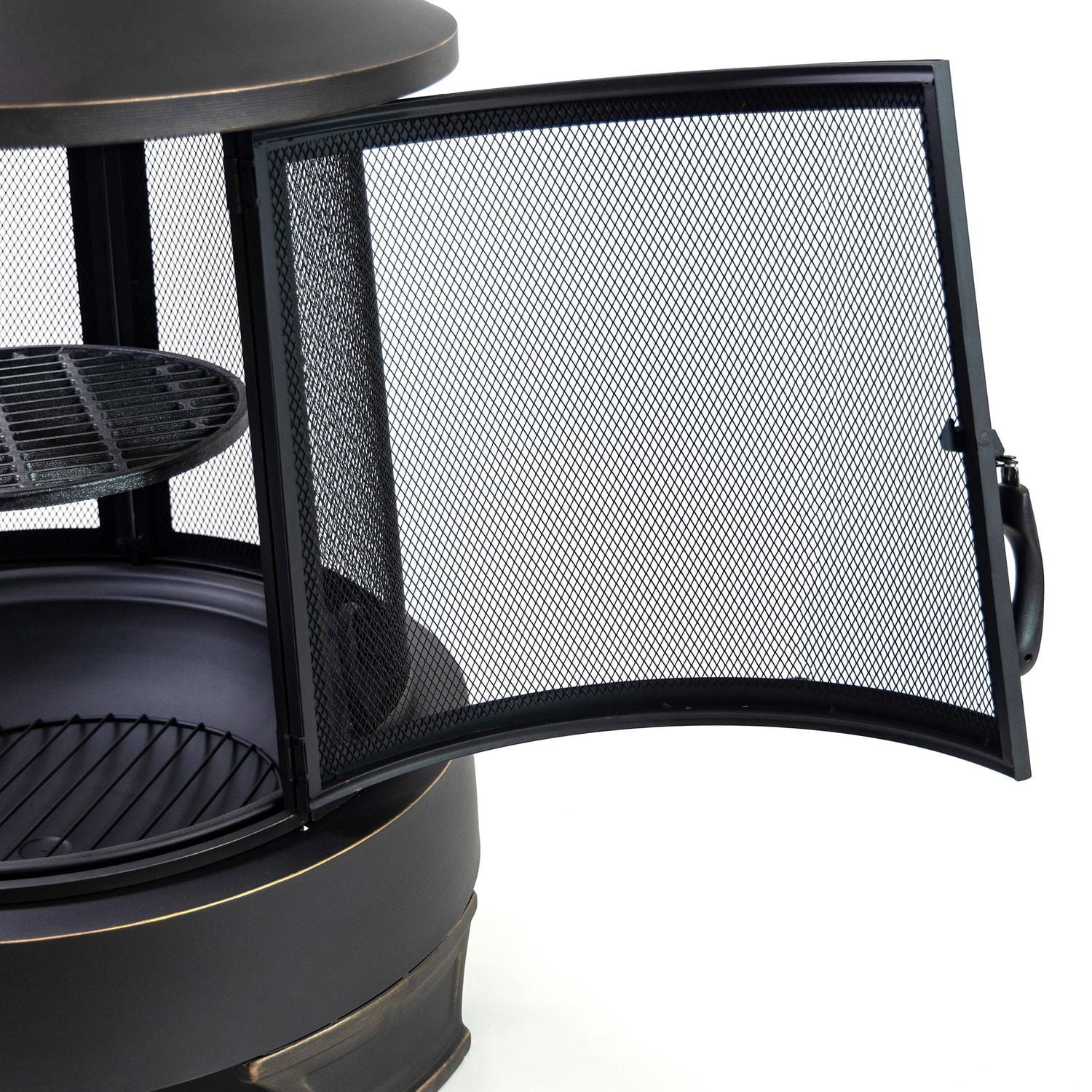 Deko Living 30 Inch Diameter Outdoor Steel Wood Burning Chimney Firepit with Cast Iron Cooking Grill and Poker