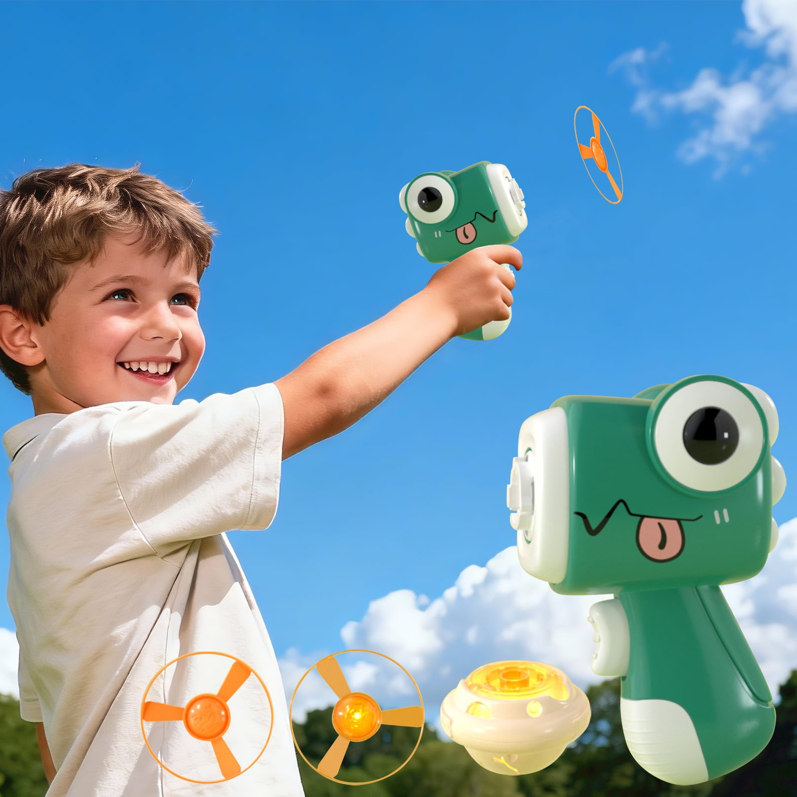 EclipseJewels Dinosaur Flying Disc Launcher for Kids, Spinning Top Blaster Gun with Foam Discs, Outdoor Backyard Game Toy, Birthday Gift for Boys Girls Ages 5+,Mint Green
