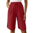 thumbnail image 6 of KDDYLITQ Shorts for Women Elastic High Waisted Button Sweat Pants Side Slit Wide Leg Causal Joggers Knee Length Cotton Linen Beach Flowy Pants with Pockets Wine 2XL, 6 of 7