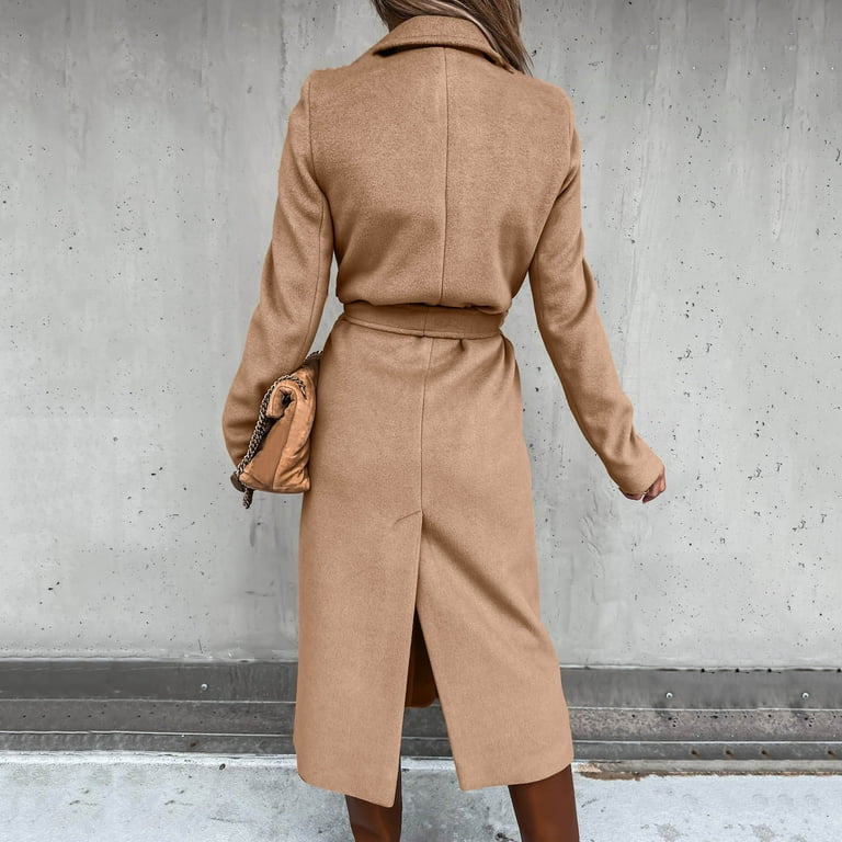 MRULIC winter coats for women Women's Wool Coat Blouse Thin Coat Trench  Long Jacket Ladies Slim Long Belt Elegant Overcoat Outwear Khaki + S