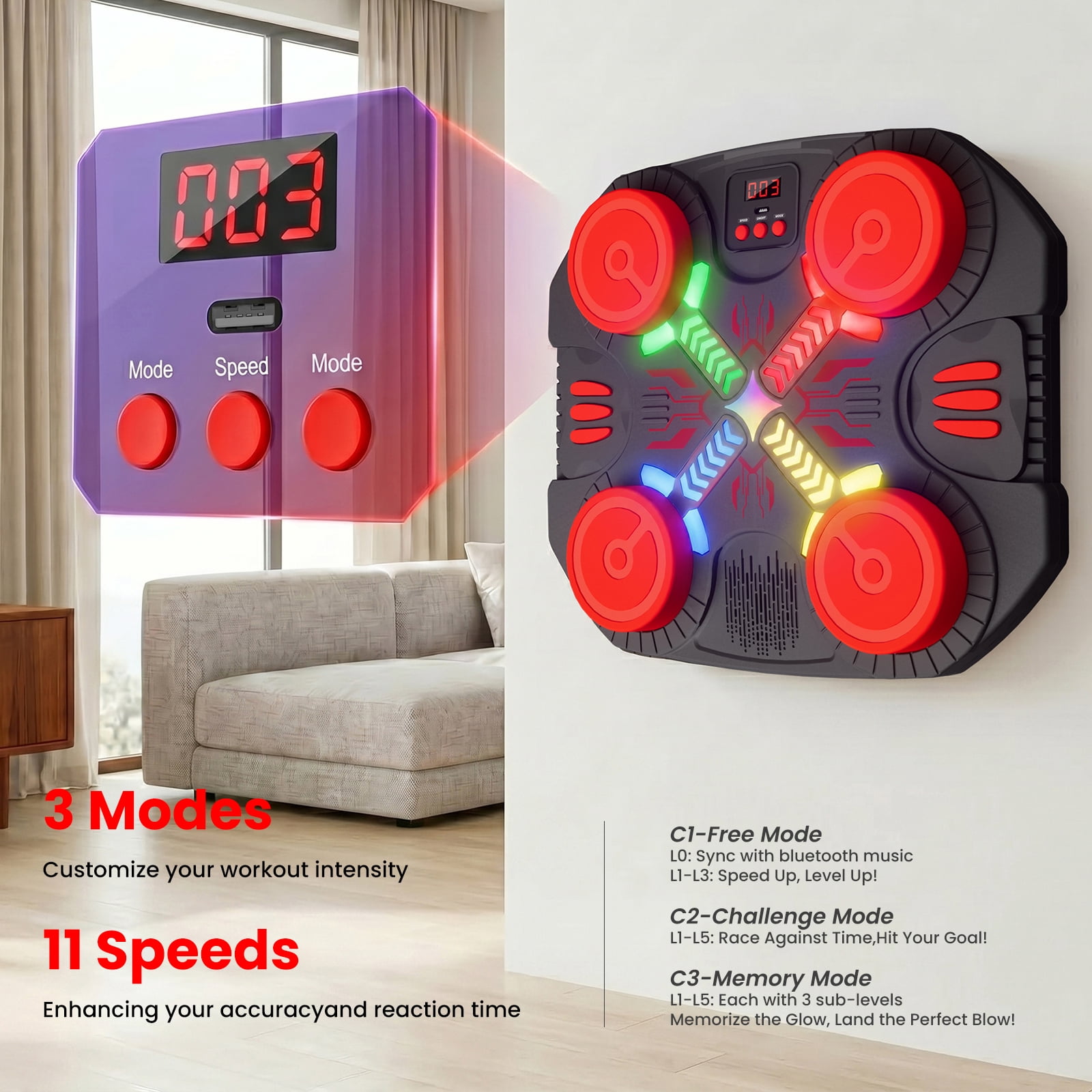OLGEO Music Boxing Machine, Bluetooth Wall-Mounted Punching Target with LED Lights, 3 Modes & 14 Levels, Includes Gloves for Kids