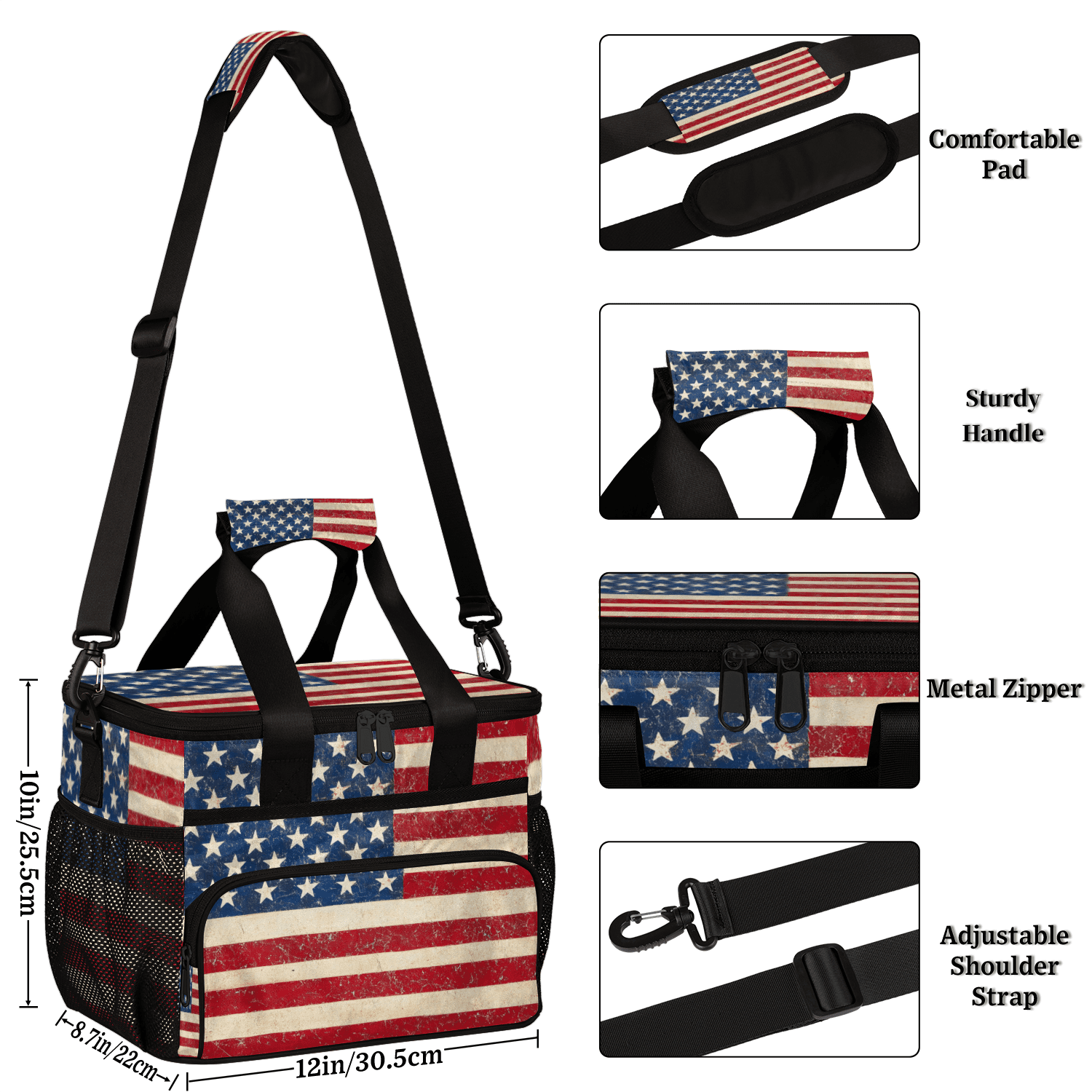 Herdesigns American Usa Flag Large Insulated Lunch Box for Adults Women Men with Adjustable Shoulder Strap, 4th July Independence Day Reusable Cooler Lunch Bag for Offices Picnic Hiking Beach